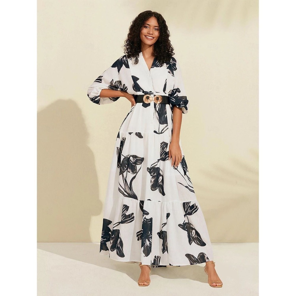 Ador Floral Maxi Shirt Dress White Black/Blue‎ Belted Tiered Boho Large NWT